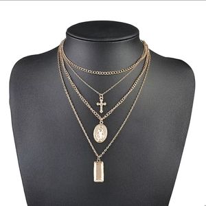 Bohemian Cross Jesus Virgin Mary Layered Necklace
